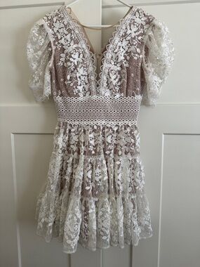 Bronx and Banco White Lace Overlay Mini Dress with Nude Lining